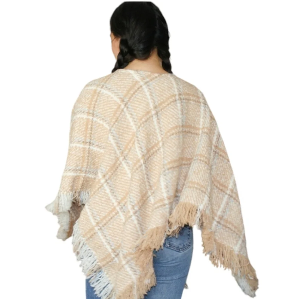 IRISH ALPACA Fringe Plaid Poncho Cape Sweater BOYNE VALLEY WEAVERS Tan Blue OS - Picture 2 of 10